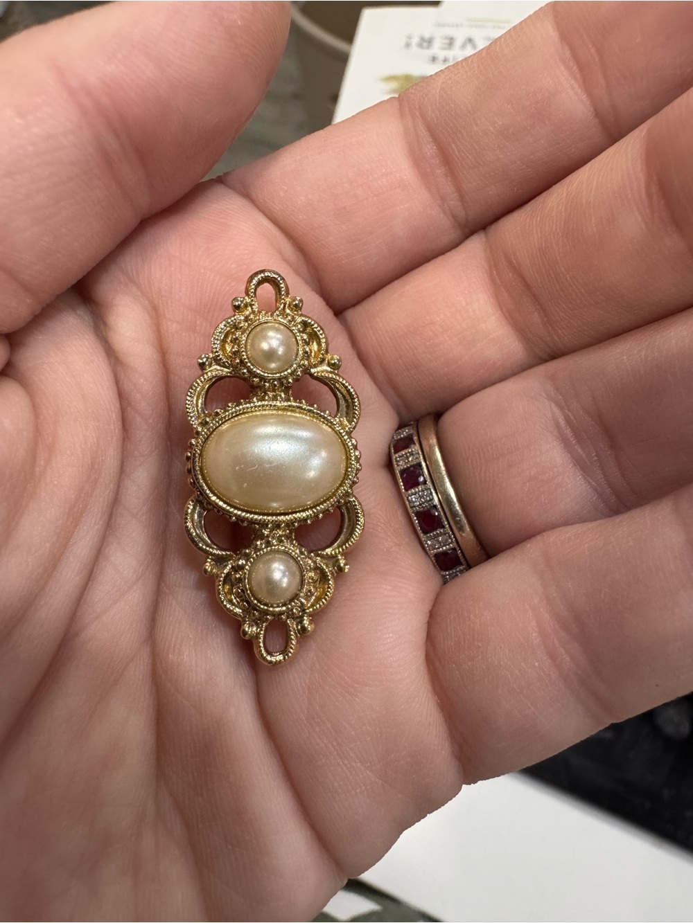 Vintage Victorian Revival Gold Tone Brooch w/ Faux Pearl Oval & Round Cabochons